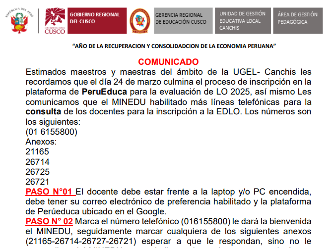 Comunicado - proceso de inscripción en la plataforma de PeruEduca